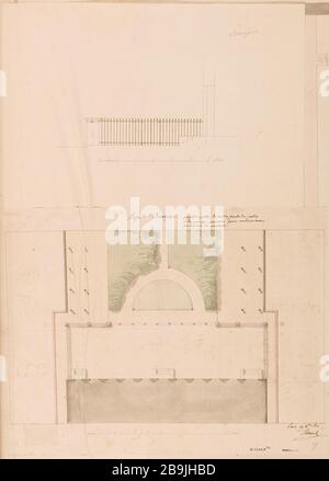 Beaujon-Krankenhaus: 19. Oktober 181, Anhebung und Planung eines Rasterprojekts an die Gartenfassade Charles Rohault de Fleury (1801-1875). Hôpital Beaujon (Clichy): 19 Oktobre, 181 élévation et Plan d'un projet de grille devant la façade du jardin. Dessin extrait d'un Album relié, constitué de dessins montés, et non montés. Crayon, plume et encre noire, lavis gris sur papier calque. Paris, musée Carnavalet. Stockfoto