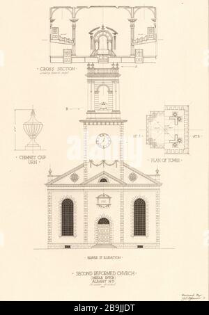 Second Reformed Church, Albany, New York. Querschnitt, Kamindeckel, Turmplan, Beaver St Elevation. PH Hooker, Architekt (1919) Stockfoto