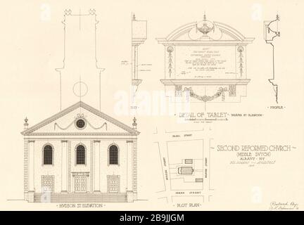 Second Reformed Church, Albany, New York. Tablettdetails, Beaver und Hudson Street, Grundriss. Wiederhergestellt von John L. Dykeman, 1918 (1919) Stockfoto