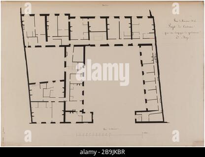 Baracke rue de Tournon: Karte der zweiten Etage des Kasernenprojekts. Charles Rohault de Fleury (1801-1875), Dessinateur. Album de 72 dessins d'Architecture. Caserne rue de Tournon: Plan du deuxième étage du projet de caserne. Plume et encre noire, lavis rouge. Paris, musée Carnavalet. Stockfoto