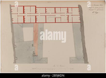 Baracke rue de Tournon: Karte aus der vierten Etage des Kasernenprojekts. Charles Rohault de Fleury (1801-1875), Dessinateur. Album de 72 dessins d'Architecture. Caserne rue de Tournon: Plan du quatrième étage du projet de caserne. Plume et encre noire, lavis gris, bleu et rouge. Paris, musée Carnavalet. Stockfoto