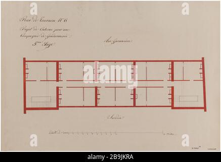 Baracke rue de Tournon: Karte der fünften Etage des Gebäudes zwischen dem Garten und der Straße Garancière. Charles Rohault de Fleury (1801-1875), Dessinateur. Album de 72 dessins d'Architecture. Caserne rue de Tournon: Plan du cinquième étage du bâtiment entre le jardin et la rue Garancière. Plume et encre noire, lavis rouge. Paris, musée Carnavalet. Stockfoto