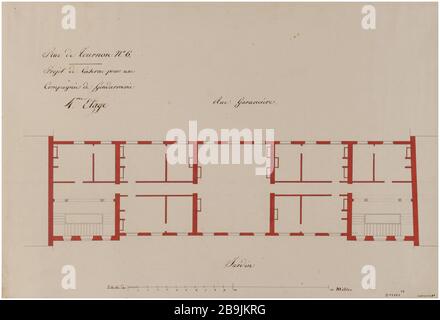 Baracke rue de Tournon: Karte aus der vierten Etage des Gebäudes zwischen Garten und Straße Garancière. Charles Rohault de Fleury (1801-1875), Dessinateur. Album de 72 dessins d'Architecture. Caserne rue de Tournon: Plan du quatrième étage du bâtiment entre le jardin et la rue Garancière. Plume et encre noire, lavis rouge. Paris, musée Carnavalet. Stockfoto