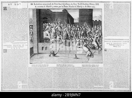 WUNDERSAME VERRINGERUNG DES GEHORSAMS IN PARIS SEHR CHRISTLICHER KÖNIG HEINRICH IV. Léonard Gaultier/Jean Le Clerc. "Réduction miraculeuse de Paris sous l'obéissance du ROI très chrétien Henri IV... le 22 Mars 1594". Paris, musée Carnavalet. Stockfoto