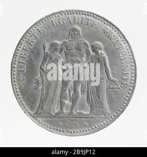Test für 5-Franken-Stück an den Herkules von Louis Philippe, 1848 Joseph François Domard (1792-1858). Essai pour la pièce de 5 Francs à l'Hercule de Louis-Philippe. Etain. 1848. Paris, musée Carnavalet. Stockfoto