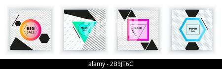 Abstrakte Banner mit schwarzen Geometriedesignelementen auf weißem Hintergrund. Geometrieformen. Eckige Banner festlegen. Stock Vektor