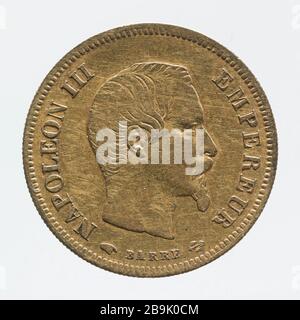 Teil 10 Francs in Gold Napoleon III., Albert-Désiré Barré (1818-1878). pièce de 10 Francs en oder de Napoléon III, 1855. Oder. Im Jahr 1855. Paris, musée Carnavalet. Stockfoto