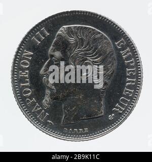 Teil 1 Franc Silber Napoleon III., 1858 Albert-Désiré Barré (1818-1878). pièce de 1 Franc en argent de Napoléon III, 1858. Argent. 1858. Paris, musée Carnavalet. Stockfoto