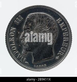 Teil 1 Franc Silber Napoleon III., 1858 Albert-Désiré Barré (1818-1878). pièce de 1 Franc en argent de Napoléon III, 1858. Argent. 1858. Paris, musée Carnavalet. Stockfoto