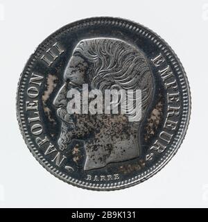 Teil 1 Franc Silber Napoleon III., 1857 Albert-Désiré Barré (1818-1878). pièce de 1 Franc en argent de Napoléon III, 1857. Argent. 1857. Paris, musée Carnavalet. Stockfoto