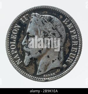 Teil 1 Franc Silber Napoleon III., Albert-Désiré Barré (1818-1878). pièce de 1 Franc en argent de Napoléon III., im Jahre 1866. Argent. Im Jahre 1866. Paris, musée Carnavalet. Stockfoto