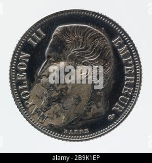 Teil 1 Franken Silber Napoleon III., 1856 Albert-Désiré Barré (1818-1878). pièce de 1 Franc en argent de Napoléon III, 1856. Argent. 1856. Paris, musée Carnavalet. Stockfoto