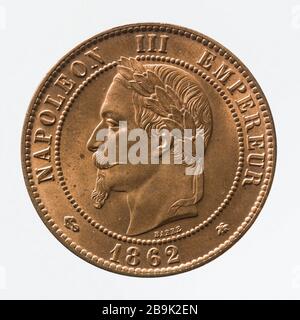 Teil 10 Cents Kupfer Napoleon, im Jahr 1862 Albert-Désiré Barré (1818-1878). pièce de 10 centimes en cuivre de Napoléon III, 1862. Cuivre. Im Jahr 1862. Paris, musée Carnavalet. Stockfoto