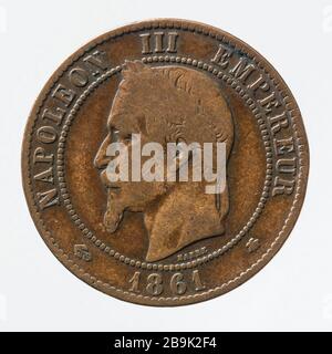 Teil 10 Cent Kupfer Napoleon, 1861 Albert-Désiré Barré (1818-1878). pièce de 10 centimes en cuivre de Napoléon III, 1861. Cuivre. 1861. Paris, musée Carnavalet. Stockfoto