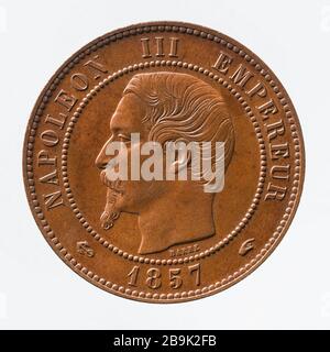 Teil 10 Cents Kupfer Napoleon, 1857 Albert-Désiré Barré (1818-1878). pièce de 10 centimes en cuivre de Napoléon III, 1857. Cuivre. 1857. Paris, musée Carnavalet. Stockfoto