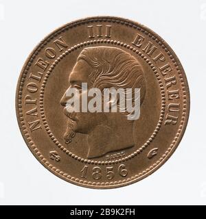 Teil 10 Cent Kupfer Napoleon, 1856 Albert-Désiré Barré (1818-1878). pièce de 10 centimes en cuivre de Napoléon III, 1856. Cuivre. 1856. Paris, musée Carnavalet. Stockfoto