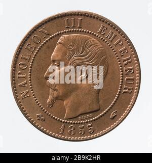 Teil 10 Cent Kupfer Napoleon, 1855 Albert-Désiré Barré (1818-1878). pièce de 10 centimes en cuivre de Napoléon III, 1855. Cuivre. Im Jahr 1855. Paris, musée Carnavalet. Stockfoto