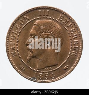 Teil 10 Cent Kupfer Napoleon, 1856 Albert-Désiré Barré (1818-1878). pièce de 10 centimes en cuivre de Napoléon III, 1856. Cuivre. 1856. Paris, musée Carnavalet. Stockfoto