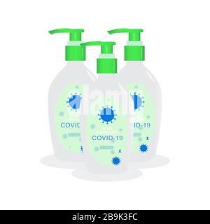 Handdesinfizierer. Alkoholraub-Desinfektionsmittel töten die meisten Bakterien, Pilze und stoppen einige Viren wie Coronavirus. Hygieneprodukt. Desinfektionsflasche und Wal Stock Vektor