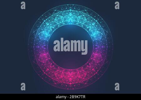 Kreisförmige quantum Computer Technologie Konzept. Sphäre explosion Hintergrund. Vertieftes Lernen der künstlichen Intelligenz. Grosse Daten Algorithmen Visualisierung Stock Vektor