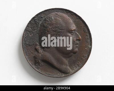 Grundsteinlegung des Canal Saint-Martin, Porträt von Louis XVIII, roi de France et de Navarra von 1822. (Autre face : posé de la première pierre du Canal Saint-Martin). Bronze. 1822. Paris, musée Carnavalet. Stockfoto