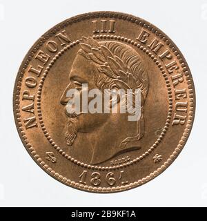 Teil 10 Cent Kupfer Napoleon, 1861 Albert-Désiré Barré (1818-1878). pièce de 10 centimes en cuivre de Napoléon III, 1861. Cuivre. 1861. Paris, musée Carnavalet. Stockfoto