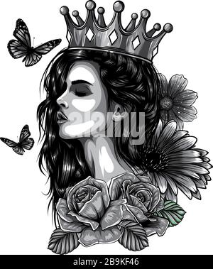 Magic Woman und Schmetterling Tattoo und T-Shirt Design. Symbol für Retro, Königin, Prinzessin, Dame. Stock Vektor