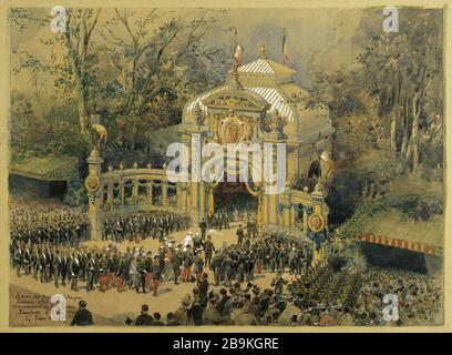 Ankunft von Zar Nicolas II und Tsarina Alexandra Feodorowna von der Station auf dem Rasen von Ranelagh, 6. Oktober 1896. Louis Henri Georges Scellier de Gisors (1844-1905). "Arrivée du Zar Nicolas II et de la tsarine Alexandra Feodorovna à la gare sur la pelouse du Ranelagh, le 6 octobre 1896". Aquarielle et gouache. Paris, musée Carnavalet. Stockfoto