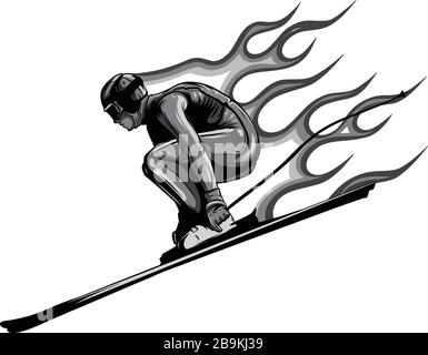 Skifahrer. Vektor-Illustration des Skifahrers in roter Jacke und voller Sportmunition im trendigen Flachstil. Stock Vektor