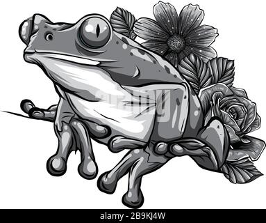 Niedlicher Cartoon Frosch mit Blumen Vektorgrafiken Stock Vektor