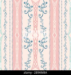 Eleganter keltischer Hintergrund mit nahtlosem Vektormuster. Stilisierte blumig-rosafarbene blaue Kulisse. Von Hand gezeichneter linearer vertikaler Streifen wiederholen. Alles in allem Stock Vektor