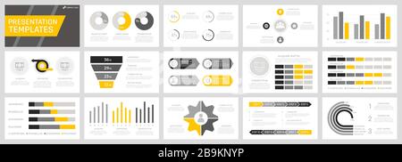 Satz gelber, grauer und schwarzer Elemente für Folien mit Vorlagen für Mehrzweckpräsentationen mit Diagrammen und Diagrammen. Stock Vektor