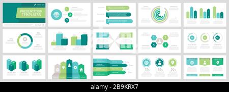 Set aus grauen und grünen, türkisfarbenen, blauen Elementen für Folien mit Vorlagen für Mehrzweckpräsentationen mit Diagrammen und Diagrammen. Stock Vektor