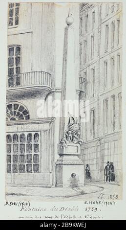 Der 1759 erbaute Brunnen des Teufels an der Ecke der Leiter und St. Louis, der im Jahr 1854 Léon Leymonnerye (1803-1879) abgerissen wurde. La fontaine du diable au coin des rues de l'Échelle et Saint Louis, construite en 1759, démolie en 1854. Crayon, 1856. Paris, musée Carnavalet. Stockfoto