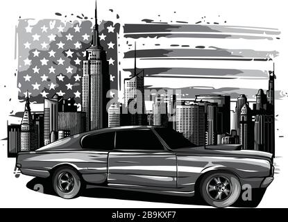 Bild des Autos auf der Straße mit Wald und großer Stadtsilhouette im Hintergrund Stock Vektor