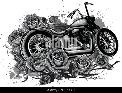 Motorrad vektor Fahrrad mit Rosen und Pfingstrosen, card Frame Stock Vektor