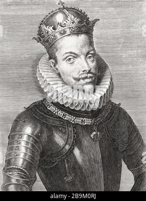 König Philipp III. Von Spanien und als Philipp II., König von Portugal, 1578 - 1621. Felipe III. Auf Spanisch. Filipe II, auf Portugiesisch. Der Spitzname ist der Fromme. Nach einer Gravur aus dem 17. Jahrhundert. Stockfoto