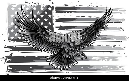 Monochromatischer Vektor illustriert amerikanischen Adler gegen USA-Flagge und weißen Hintergrund. Stock Vektor