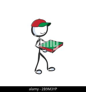 Lieferung von Lebensmitteln zu Hause. Lieferung von Pizza an die Tür. Postbote mit Paket. Hand gezogen. Stickiger Zeichentrickfilm. Doodle Skizze, Vector Graphic Illustration Stock Vektor