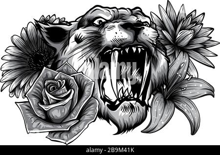 Monochromatisches Gesicht und Zusammensetzung des Tigers Blumen gelbe Sonnenblumen Rosen Vektorgrafiken Stock Vektor