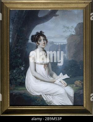 DIT PORTRAIT DER ITALIENISCHEN Sängerin CAROLINA BIANCHI Joseph-Marie Bouton (attribué à, 1768-1823). "Portrait dit de la cantatrice italienne Carolina Bianchi assise Mieter une lettre dans un paysage sur Fond de Cascade, miniature rectangulaire dans un cadre en bronze doré, vers 1806". Aquarelle et gouache sur ivoire. Paris, musée Cognacq-Jay. Stockfoto