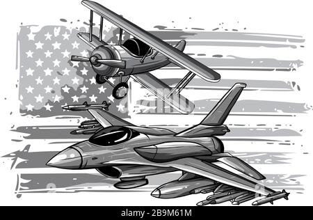 Monochromatisches Militärflugzeug feuerte eine Rakete ab. Vektorgrafiken der Kampfflugzeuge. Stock Vektor