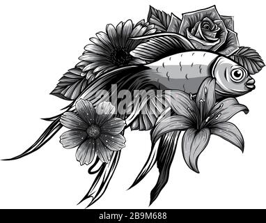 Monochromatische Koi Fish Tattoo Vektorgrafiken. Design Art Stock Vektor