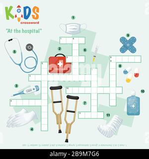 Einfaches Kreuzworträtsel "im Krankenhaus" für Kinder in der Grundschule und Mittelschule. Spaß beim Üben des Sprachverständnisses und erweitern des Vokabulars Stock Vektor
