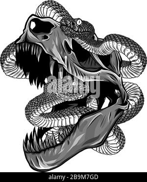 Monochromatischer Dinosaurier-Schädel. Zeichnung von T-Rex Schädel mit Schlange Stock Vektor