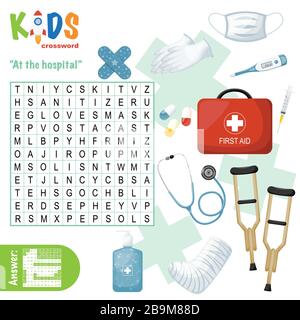 Einfaches Kreuzworträtsel für die Wortsuche "im Krankenhaus", für Kinder in der Grundschule und Mittelschule. Unterhaltsame Art und Weise, Sprachverständlichkeit und Expa zu üben Stock Vektor