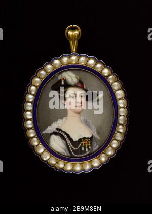 Porträt der jungen Frau im Kostüm Louis XIII Ecole française. Portrait de jeune femme en Tracht Louis XIII Miniatur sur émail. XVIIe siècle. Paris, musée Cognacq-Jay. Stockfoto