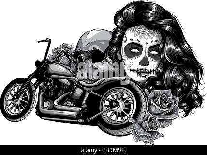 Monochromatische Illustration Motorcycle Woman Skull mit Spielkarten Poker Stock Vektor