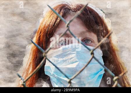 Aquarellgemälde von Frauen, die hygienische Maske tragen, um Coronavirus zu verhindern.Menschen in Masken der Ausbruch des neuartigen Corona-Virus (2019-nCoV) in Europa Stockfoto