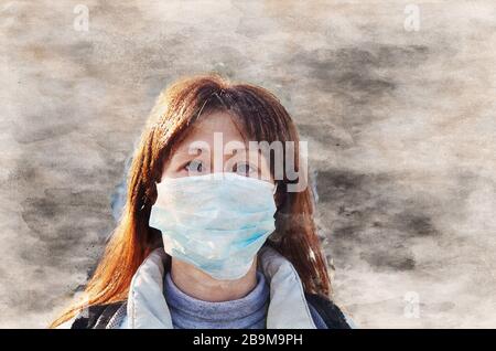 Aquarellgemälde von Frauen, die hygienische Maske tragen, um Coronavirus zu verhindern.Menschen in Masken der Ausbruch des neuartigen Corona-Virus (2019-nCoV) in Europa Stockfoto